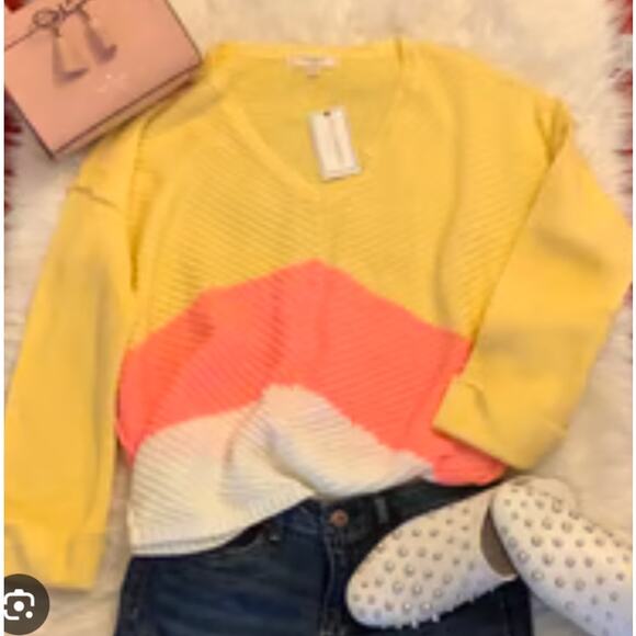 Bright & cheery yellow pink & white juniors sweater by No Comment size Med - Picture 1 of 11